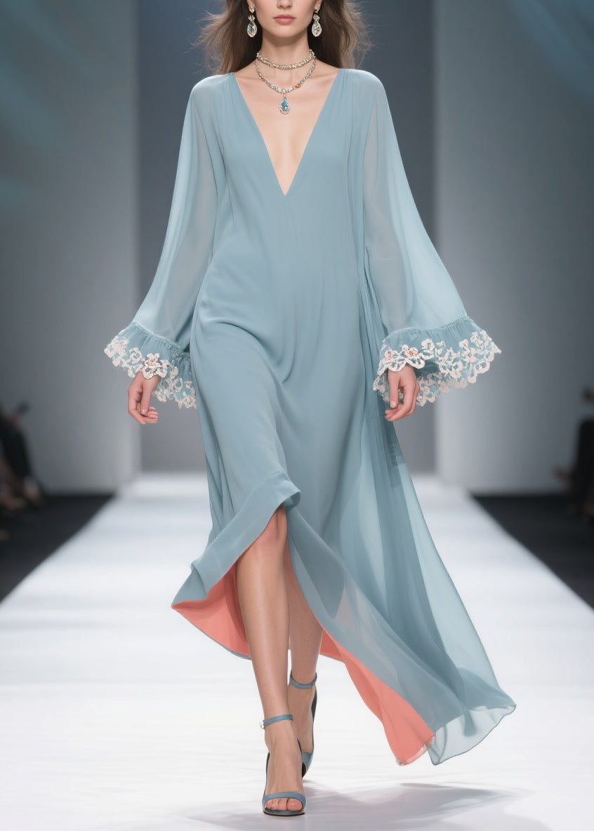 Loose Blue V Neck Solid Chiffon Maxi Dresses Flare Sleeve - View 3