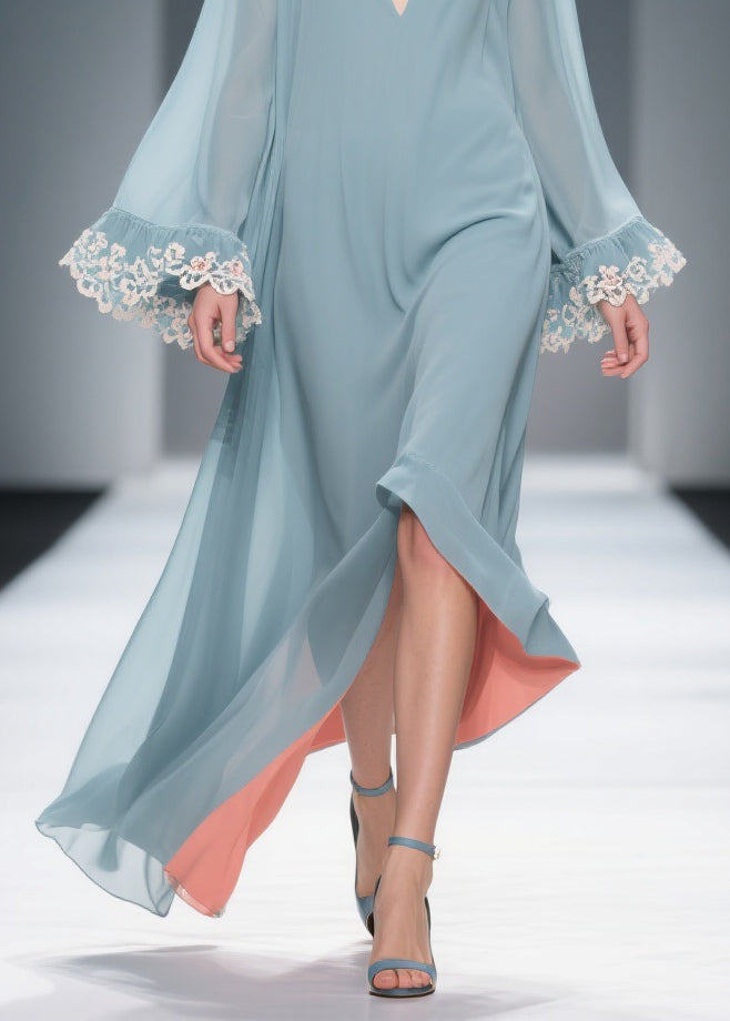 Loose Blue V Neck Solid Chiffon Maxi Dresses Flare Sleeve - View 4