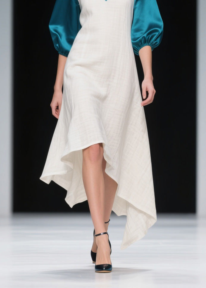 Deep V-Neck Puff Sleeve Satin Trim Relaxed A-Line Midi Dress - View 4