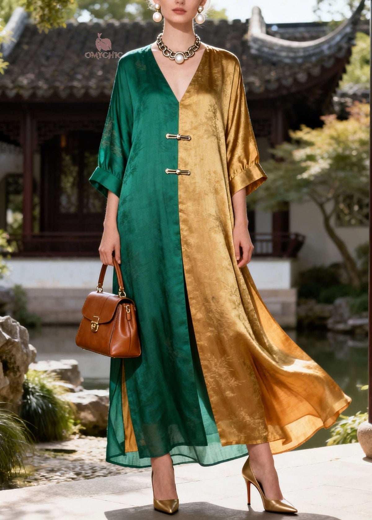 Jacquard Botanical Print Frog Toggle Wide Sleeve Maxi Gown - View 3