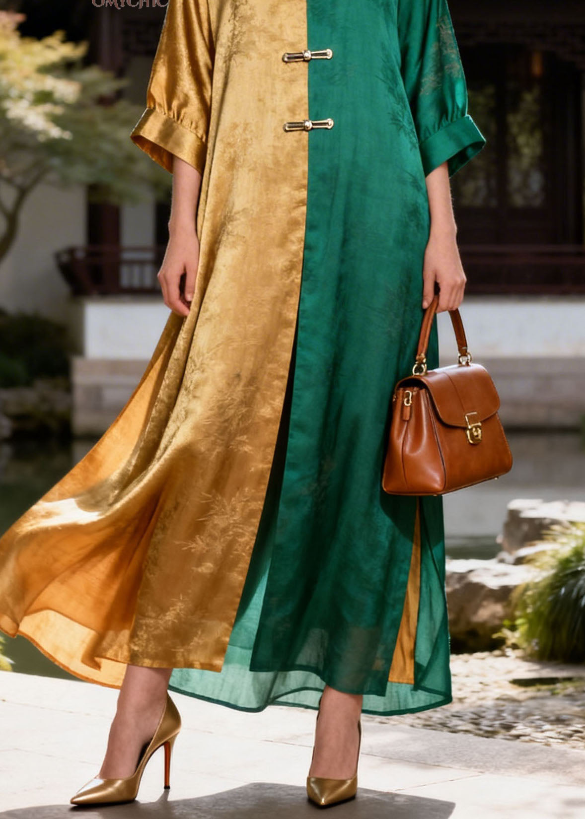 Jacquard Botanical Print Frog Toggle Wide Sleeve Maxi Gown - View 4