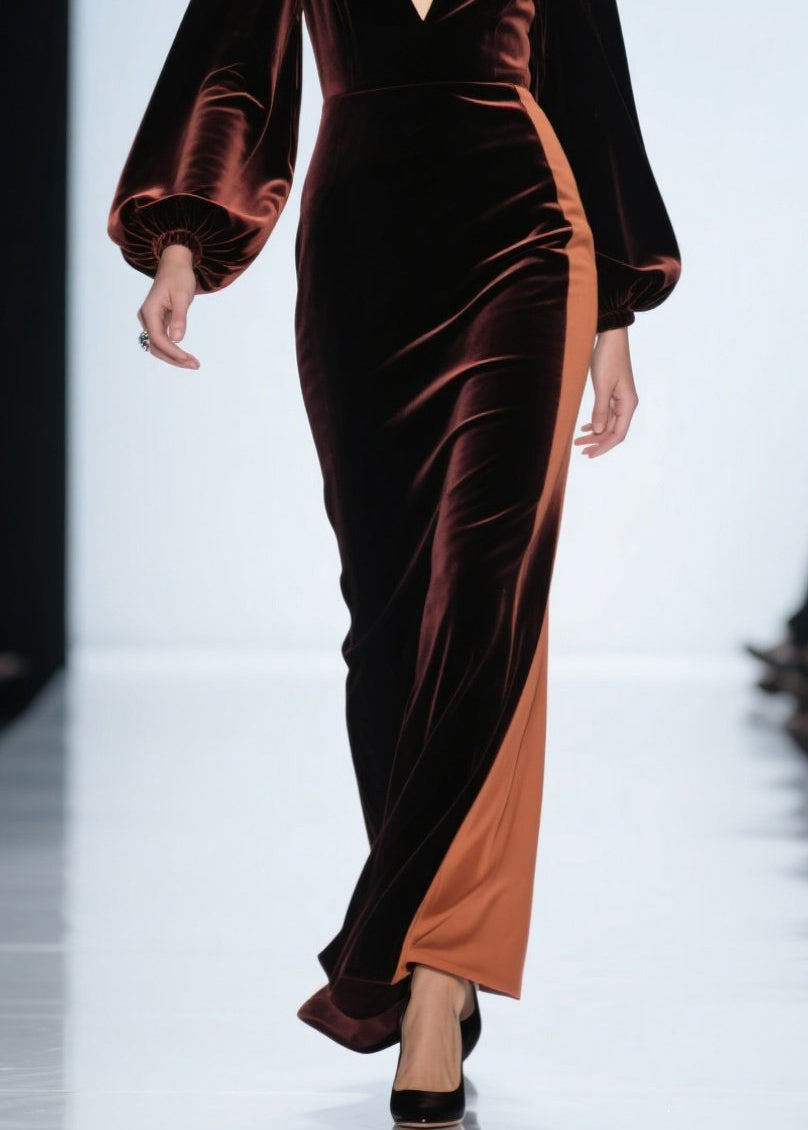 Velvet Contrast Panel Deep V-Neck Bishop Sleeve Maxi Gown - View 4