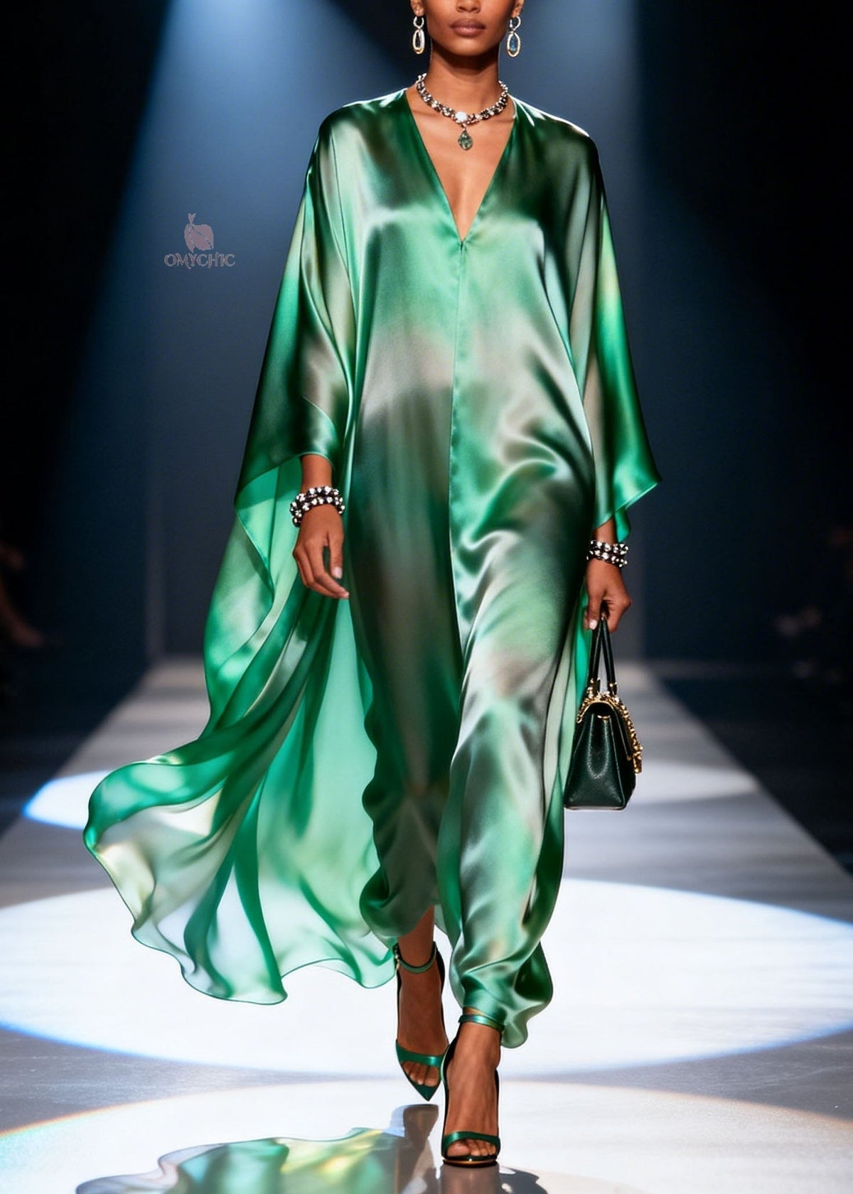 Ombre Satin Deep V-Neck Cape Sleeve Kaftan Maxi Gown - View 3