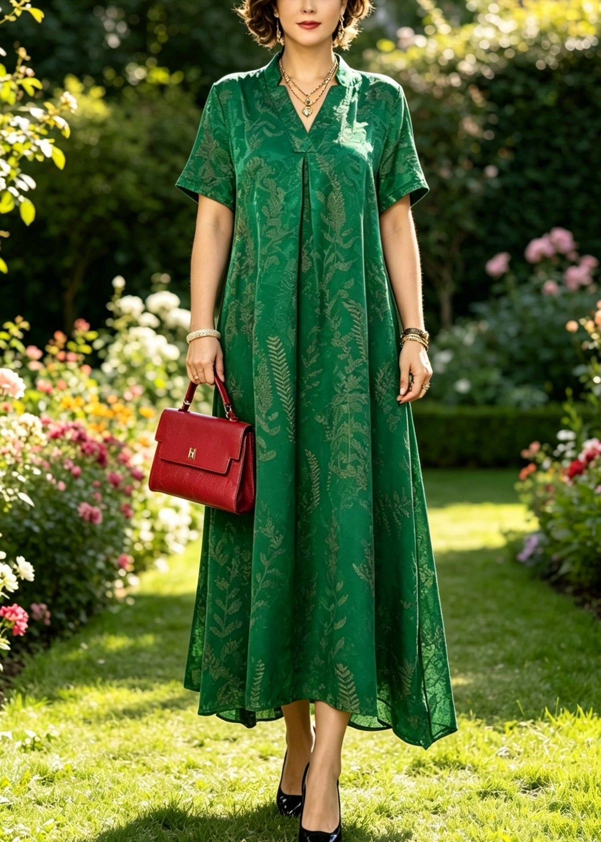 Jacquard Leaf Print Split V-Neck Stand Collar A-Line Maxi Dress
