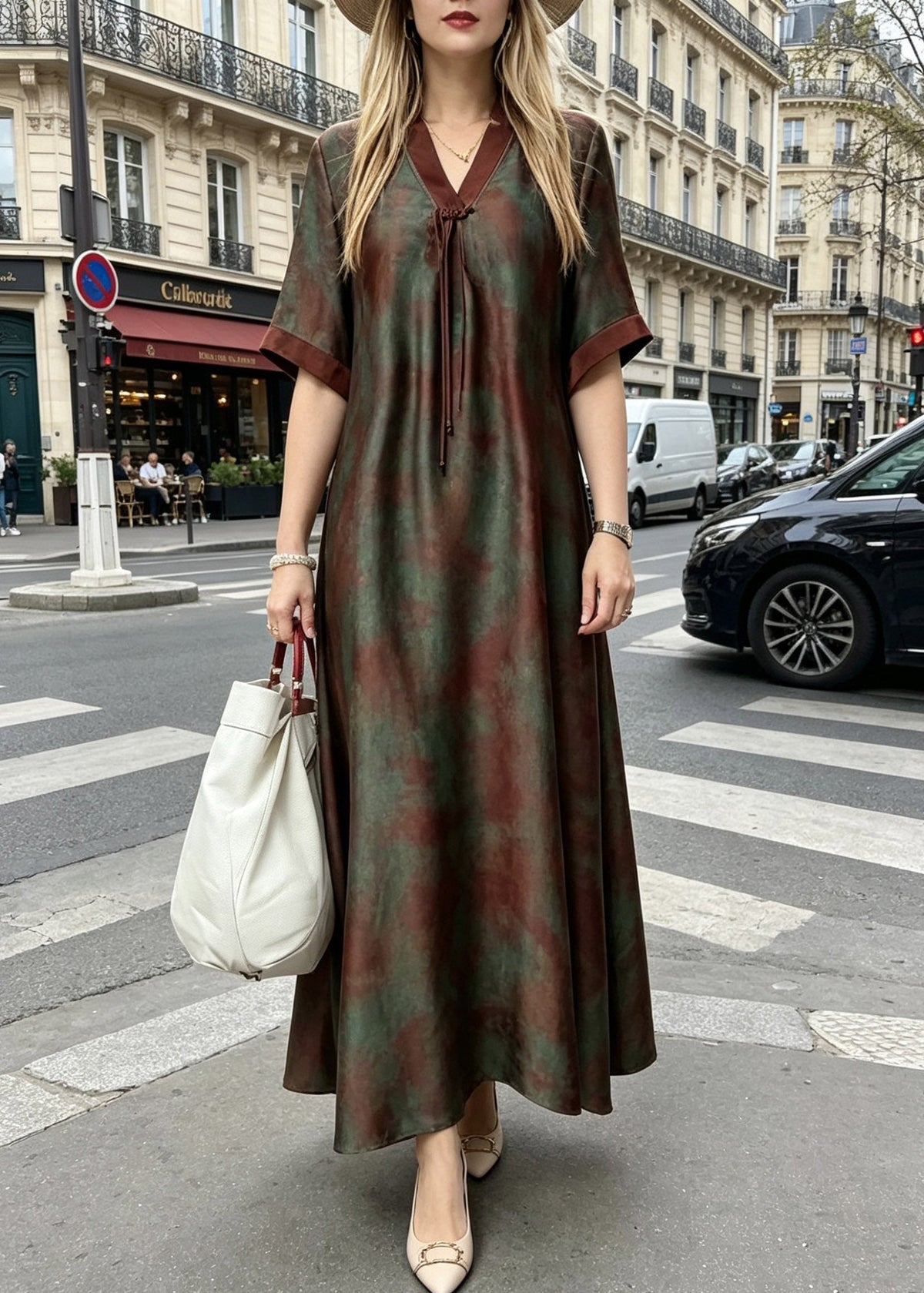 Jacquard Leaf Print Split V-Neck Stand Collar A-Line Maxi Dress - View 2