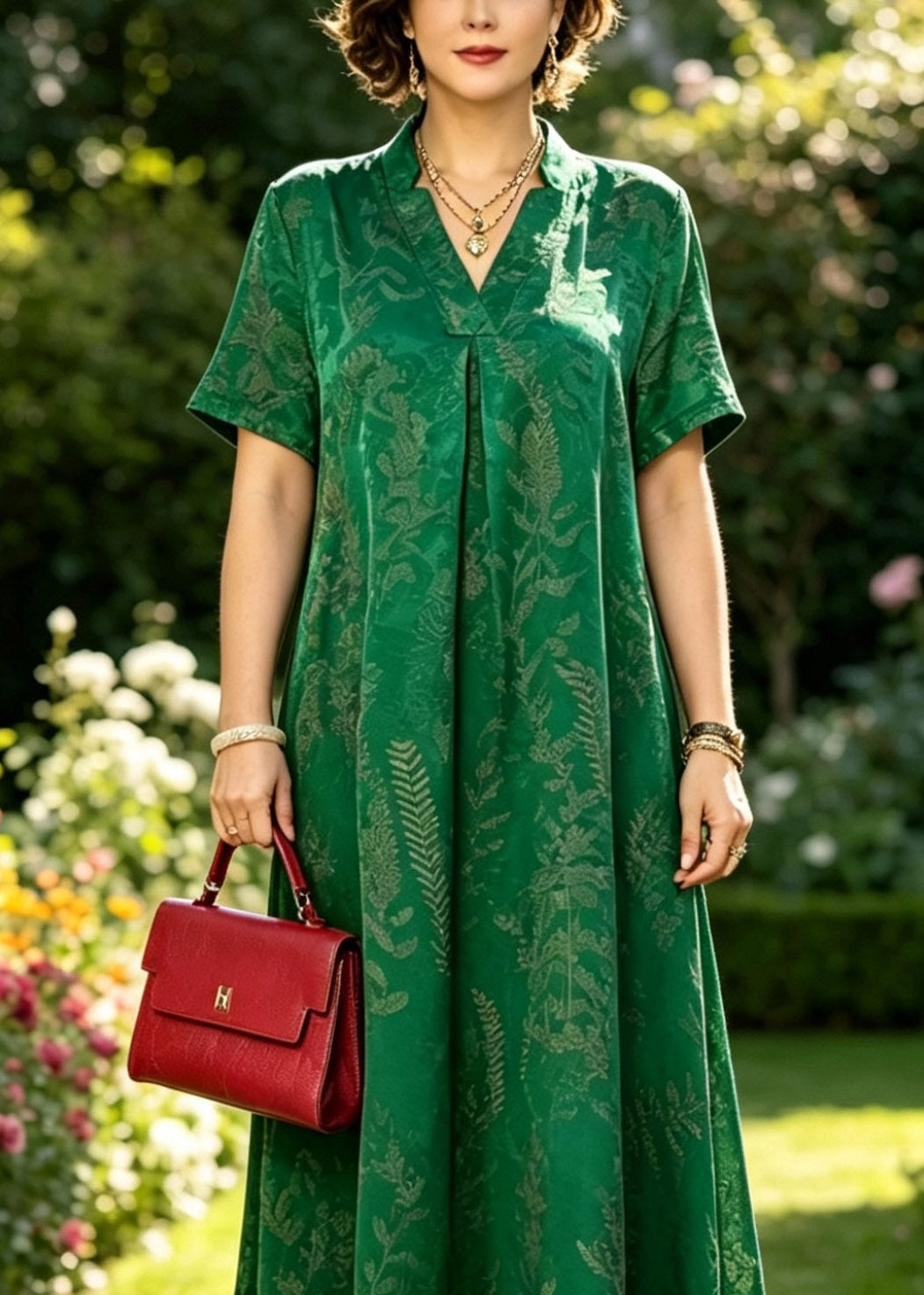 Jacquard Leaf Print Split V-Neck Stand Collar A-Line Maxi Dress - View 4
