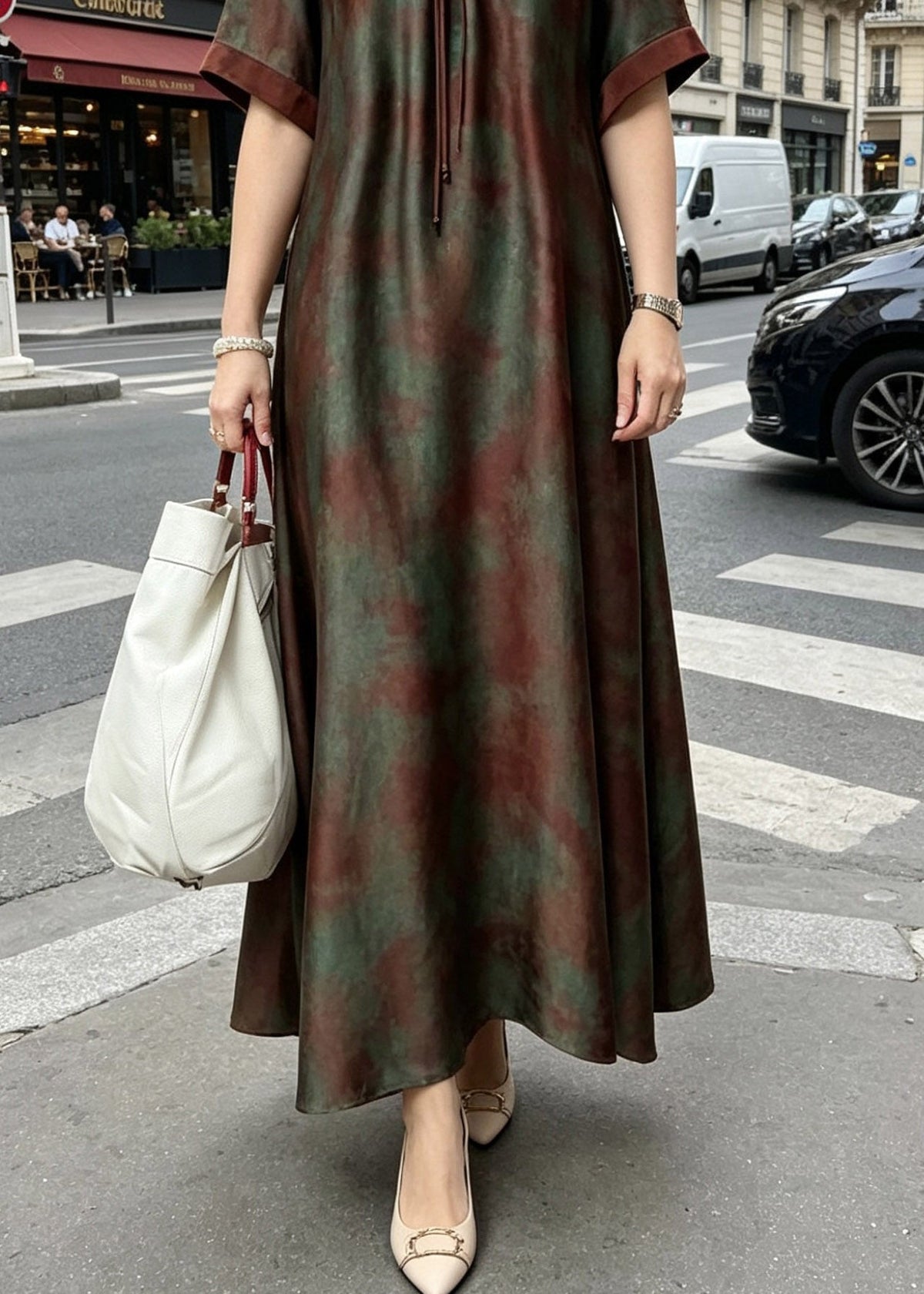 Jacquard Leaf Print Split V-Neck Stand Collar A-Line Maxi Dress - View 5
