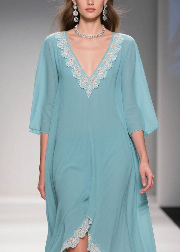 Lace Applique Chiffon Deep V-Neck Three Quarter Sleeve Maxi Gown - View 2