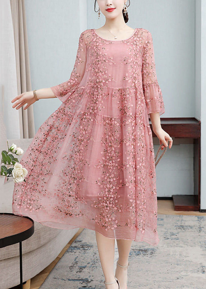 Loose Pink Embroidered Ruffled Lace Silk Dresses Flare Sleeve - View 4