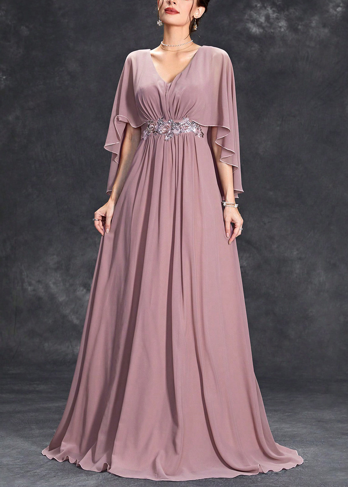 Loose Pink V Neck Sequins Chiffon Maxi Dresses Half Sleeve