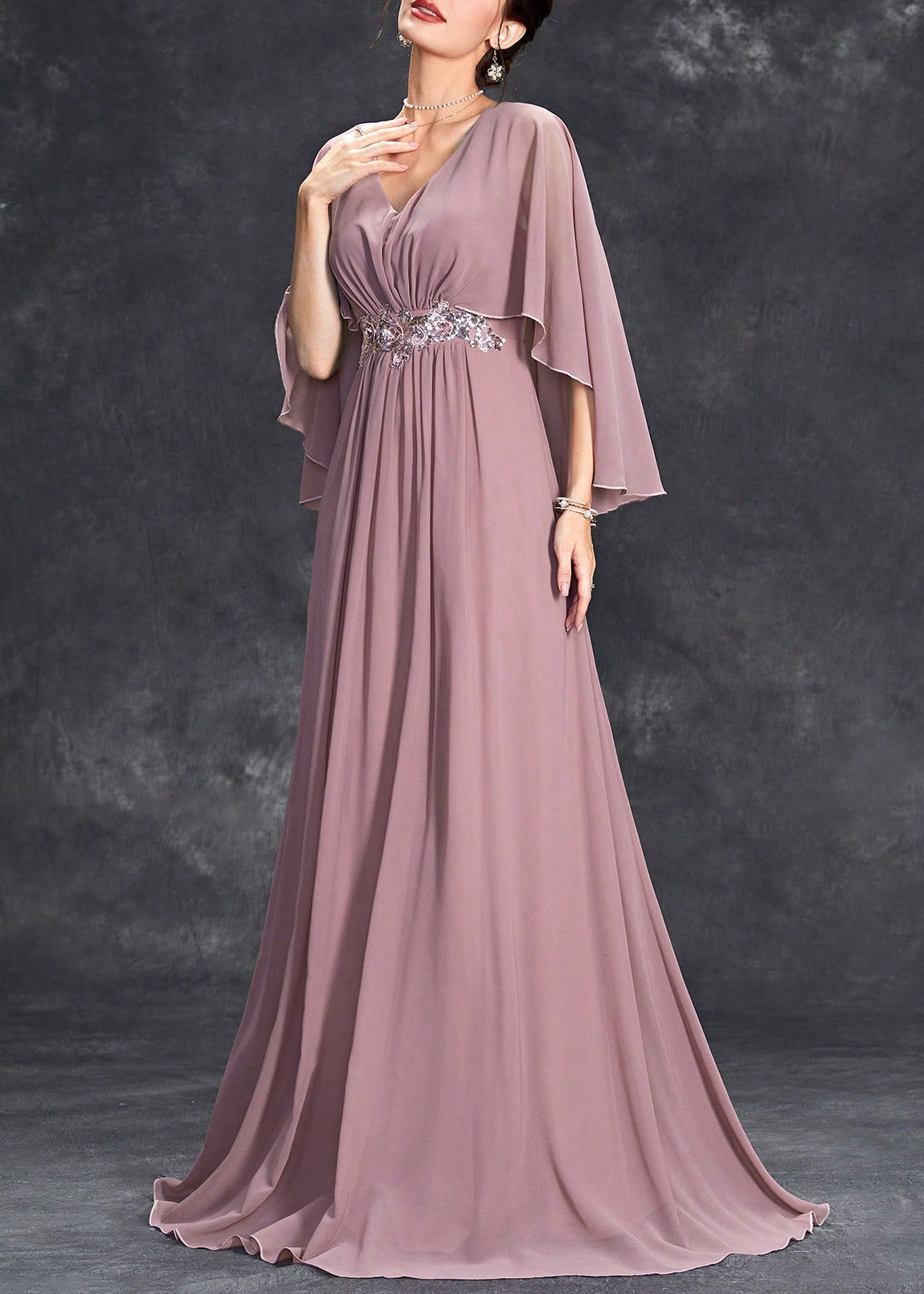 Loose Pink V Neck Sequins Chiffon Maxi Dresses Half Sleeve - View 3