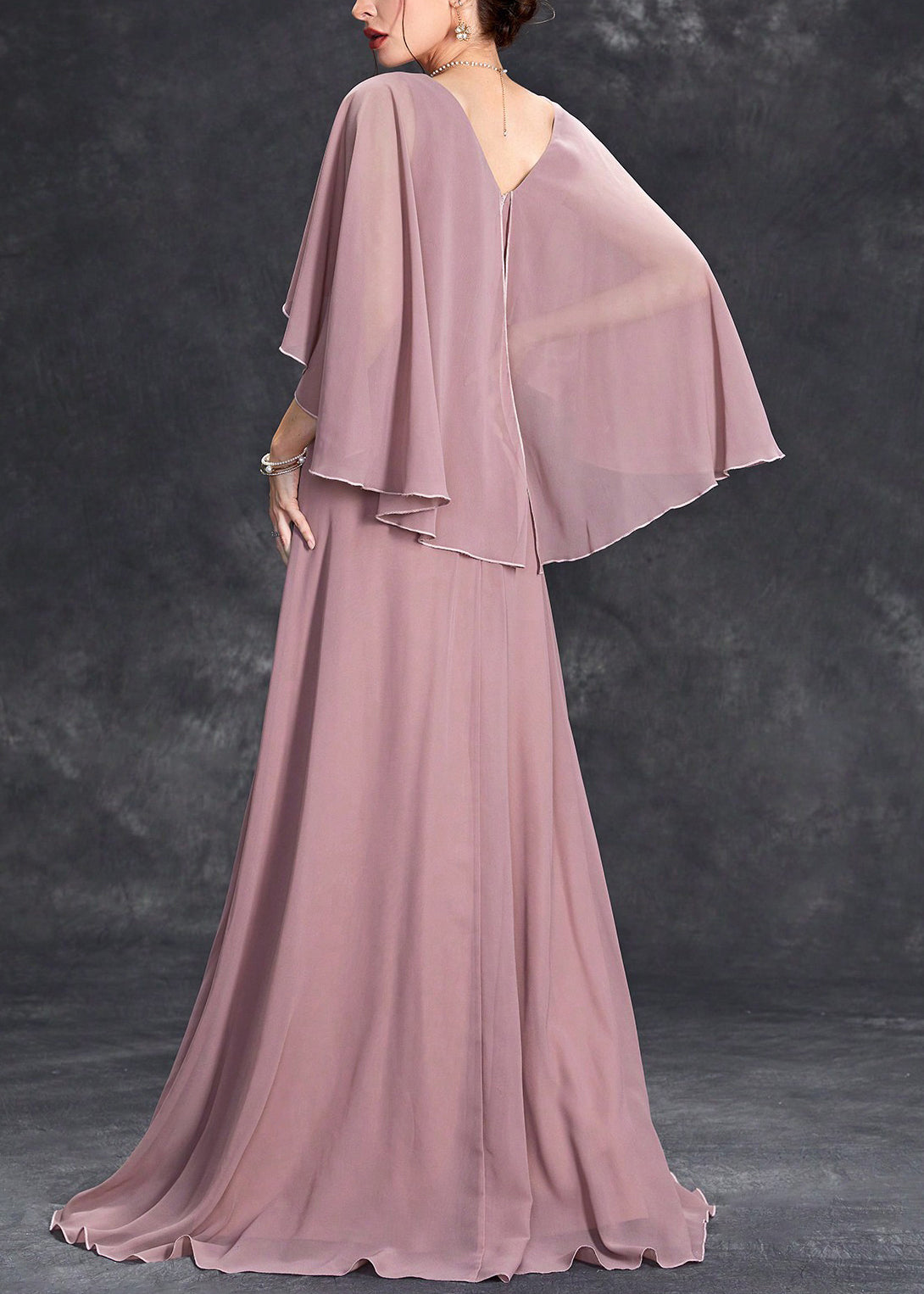 Loose Pink V Neck Sequins Chiffon Maxi Dresses Half Sleeve - View 4