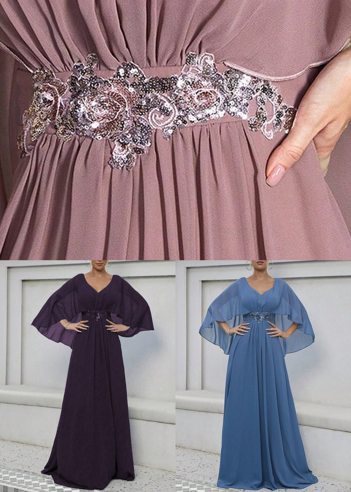 Loose Pink V Neck Sequins Chiffon Maxi Dresses Half Sleeve - View 5