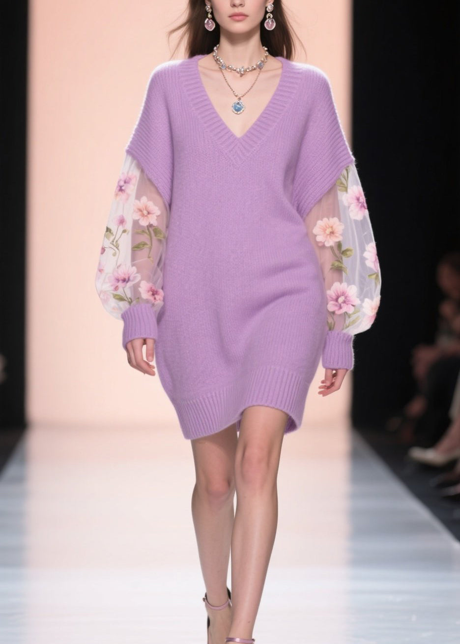 V-Neck Floral Embroidered Mesh Balloon Sleeve Knit Sweater Mini Dress