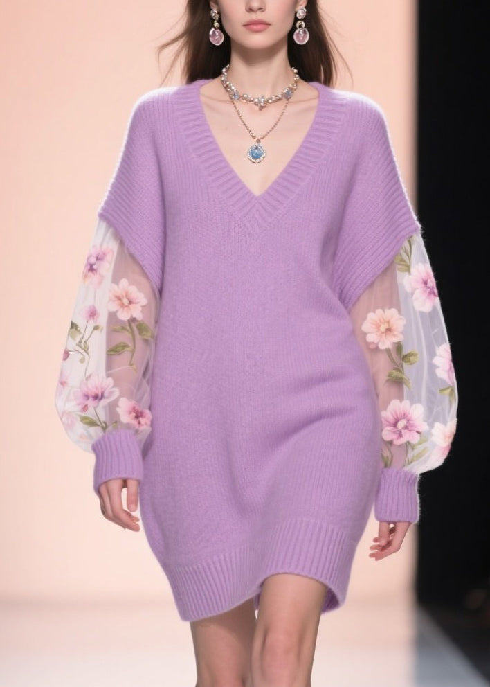 V-Neck Floral Embroidered Mesh Balloon Sleeve Knit Sweater Mini Dress - View 2