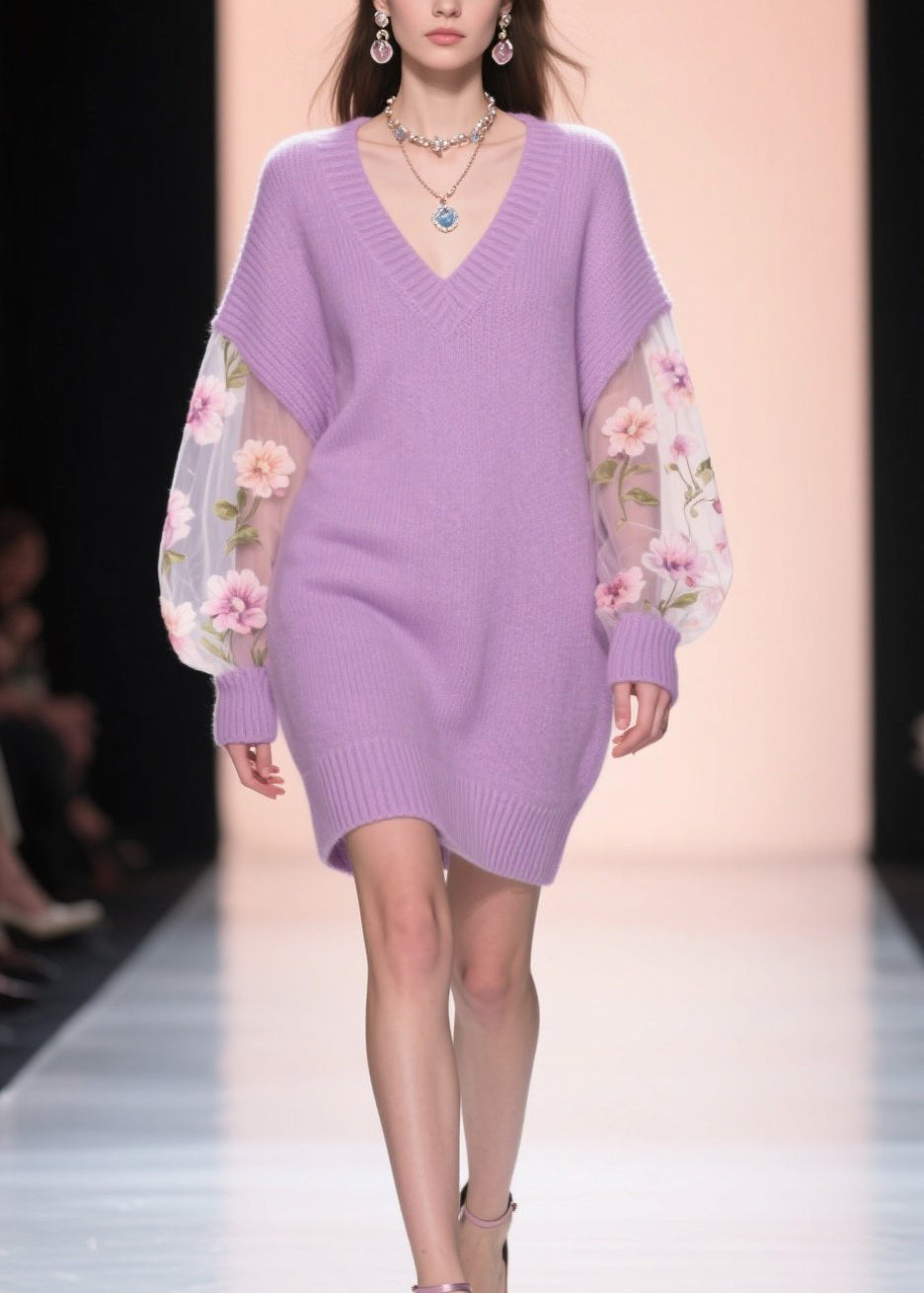 V-Neck Floral Embroidered Mesh Balloon Sleeve Knit Sweater Mini Dress - View 3