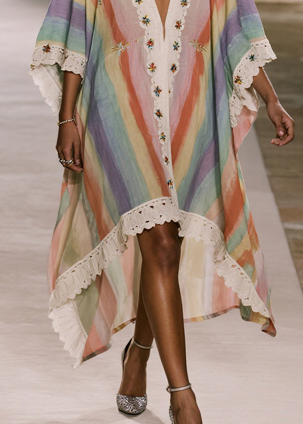 Striped Deep V-Neck Batwing Sleeve Scalloped Lace Trim Dress - View 4