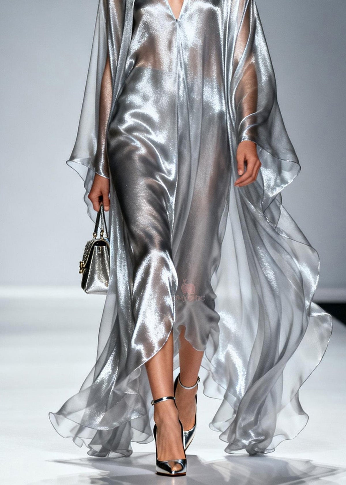 Metallic Sheer Deep V-Neck Floor Length Cape Sleeve Maxi Gown - View 4