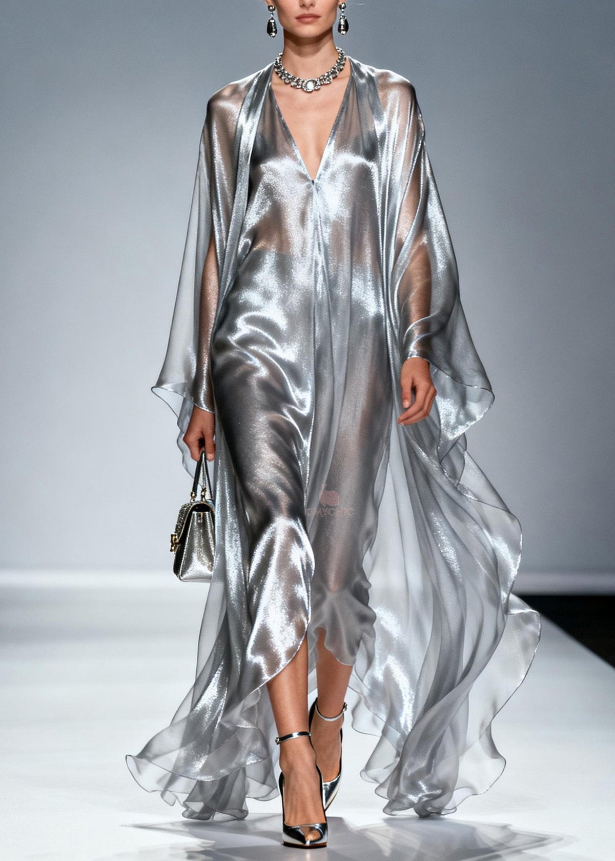 Metallic Sheer Deep V-Neck Floor Length Cape Sleeve Maxi Gown - View 5