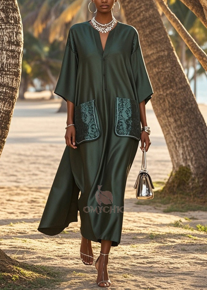 V-Neck Button Front Kimono Sleeve Jacquard Patch Pocket Maxi Dress - View 3