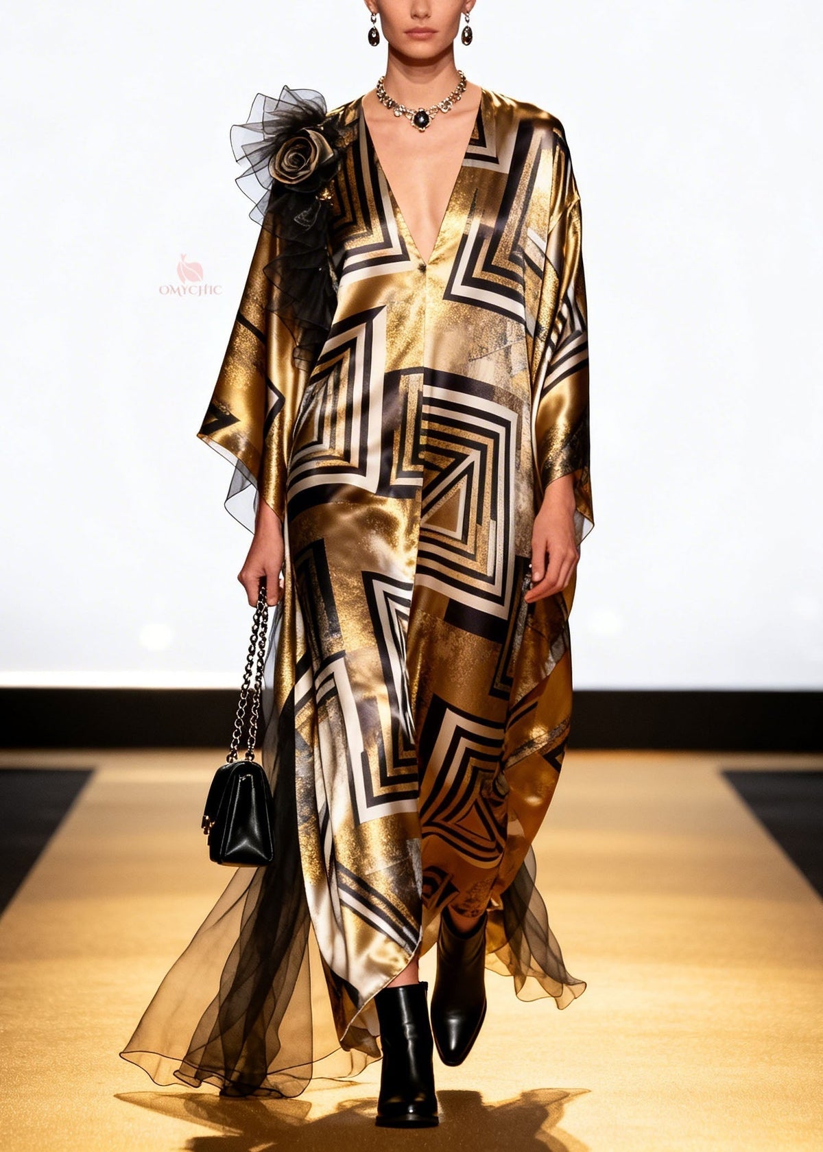 Metallic Geometric Print Deep V-Neck Sleeve Shoulder Maxi Gown