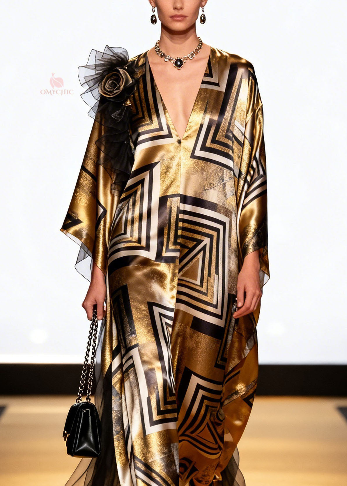 Metallic Geometric Print Deep V-Neck Sleeve Shoulder Maxi Gown - View 2