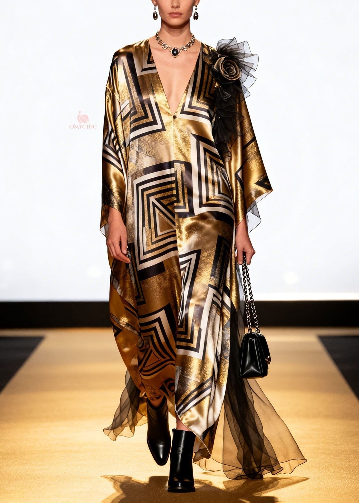 Metallic Geometric Print Deep V-Neck Sleeve Shoulder Maxi Gown - View 3