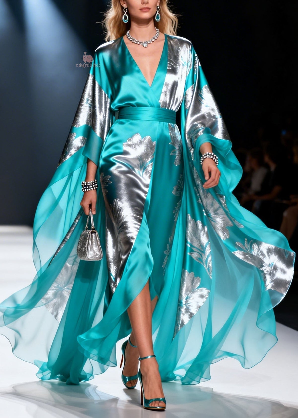 Metallic Floral Print Wrap V-Neck Belted Cape Sleeve Maxi Gown - View 5