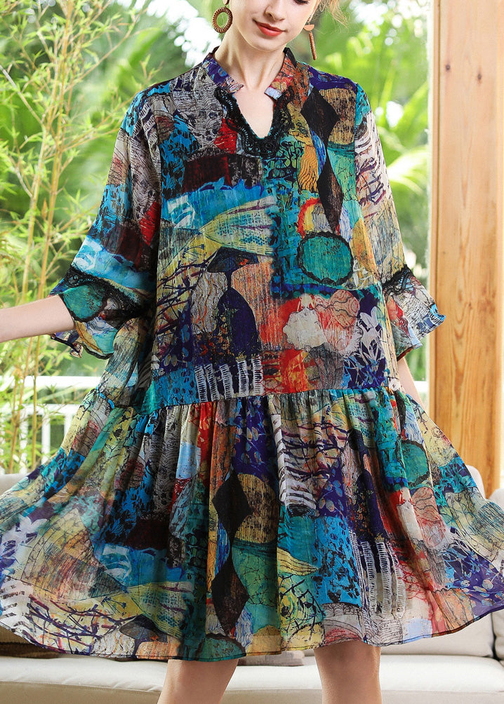 Loose V Neck Print Patchwork Chiffon Maxi Dress Long Sleeve