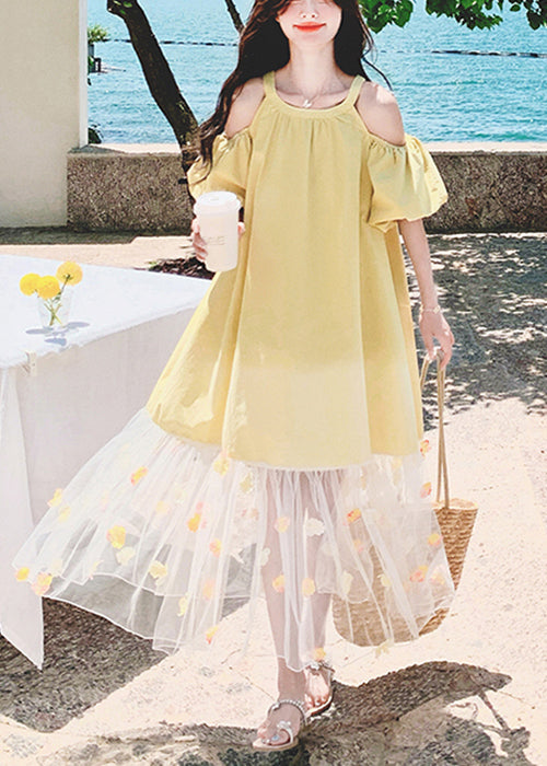 Cold Shoulder Puff Sleeve Tulle Floral Appliqué Ruffle Hem Midi Dress - View 2
