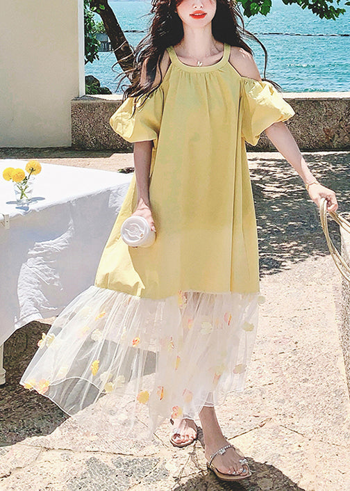 Cold Shoulder Puff Sleeve Tulle Floral Appliqué Ruffle Hem Midi Dress - View 3