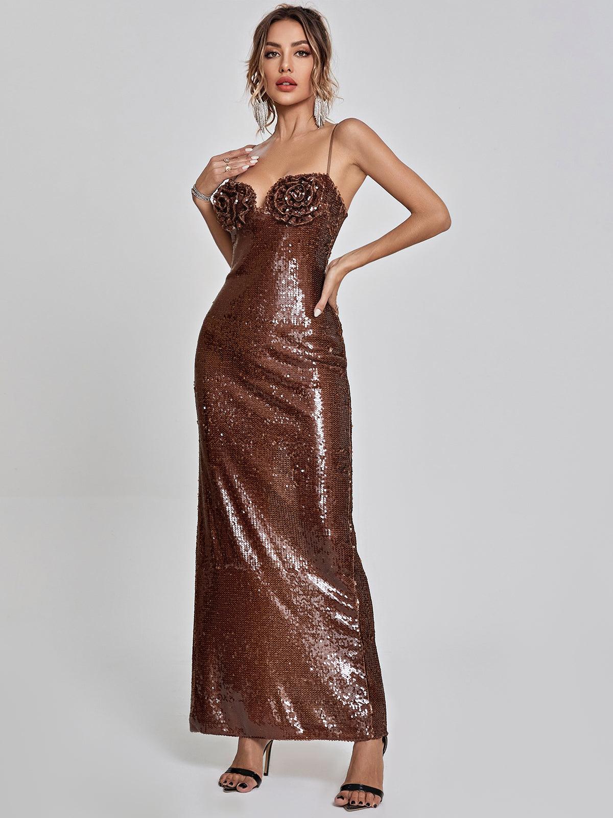 Sequin Spaghetti Strap Sweetheart 3D Floral Bodycon Maxi Dress - View 3