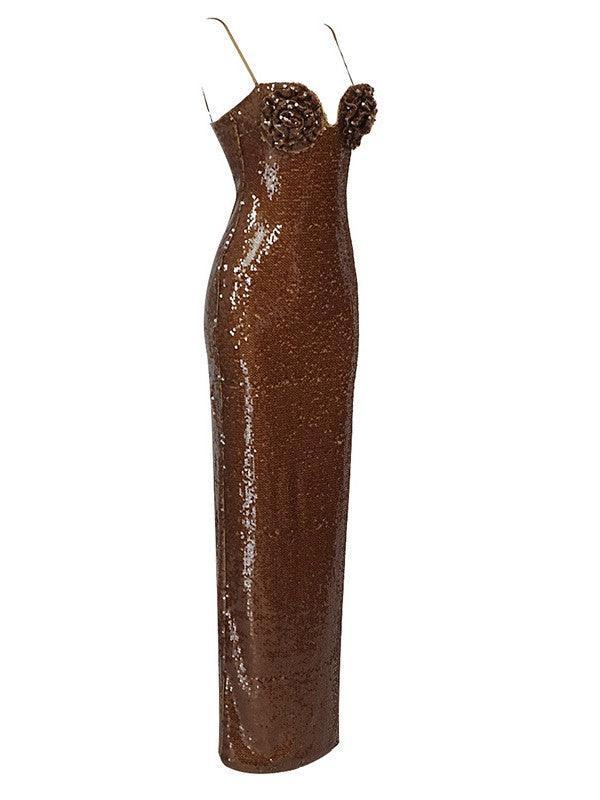 Sequin Spaghetti Strap Sweetheart 3D Floral Bodycon Maxi Dress - View 7