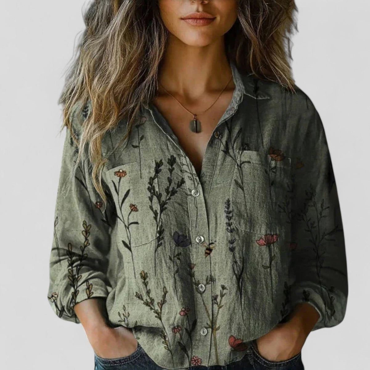Floral Stripe Long Sleeve Button Front Collared Blouse 4
