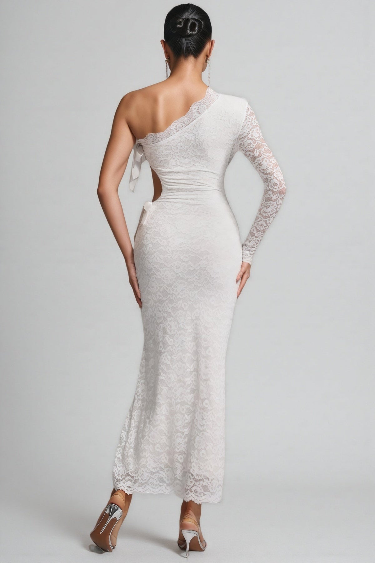 Sylase One Shoulder White Lace Maxi Dress - View 5