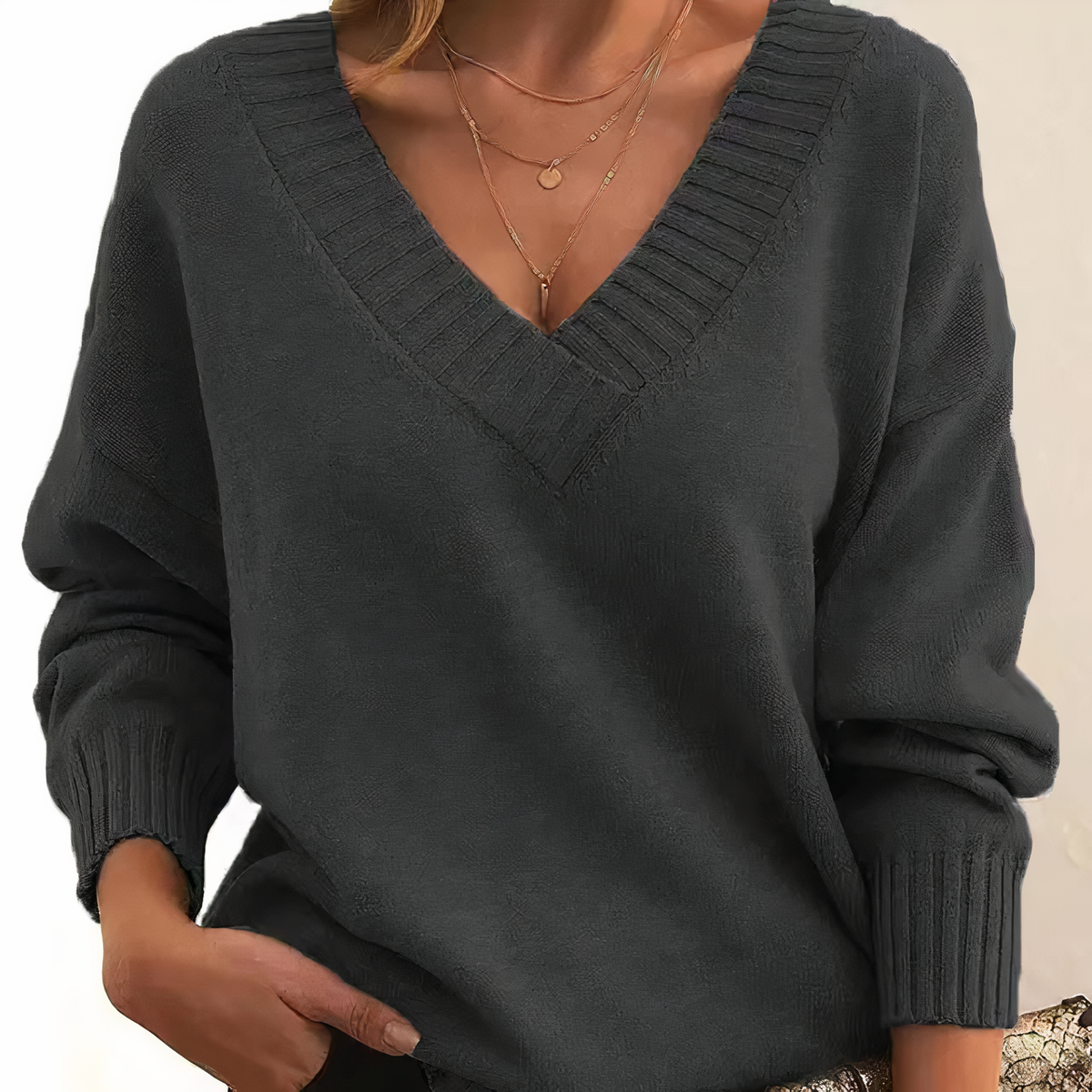 Deep V-Neck Ribbed Trim Drop Shoulder Sweater 4