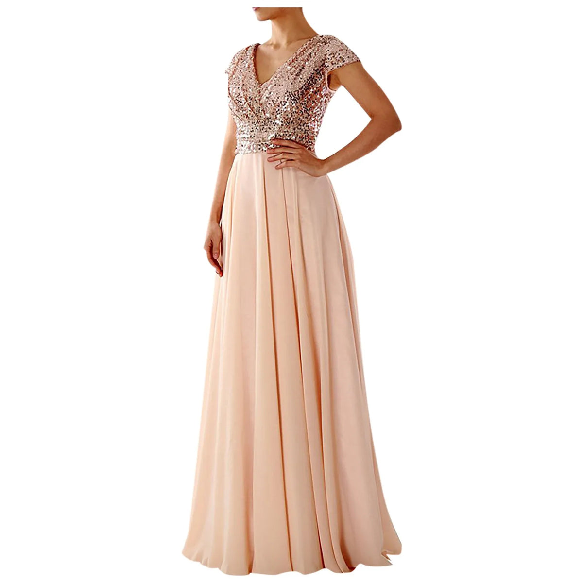 Sequin V-Neck Cap Sleeve Chiffon A-Line Maxi Gown - View 6