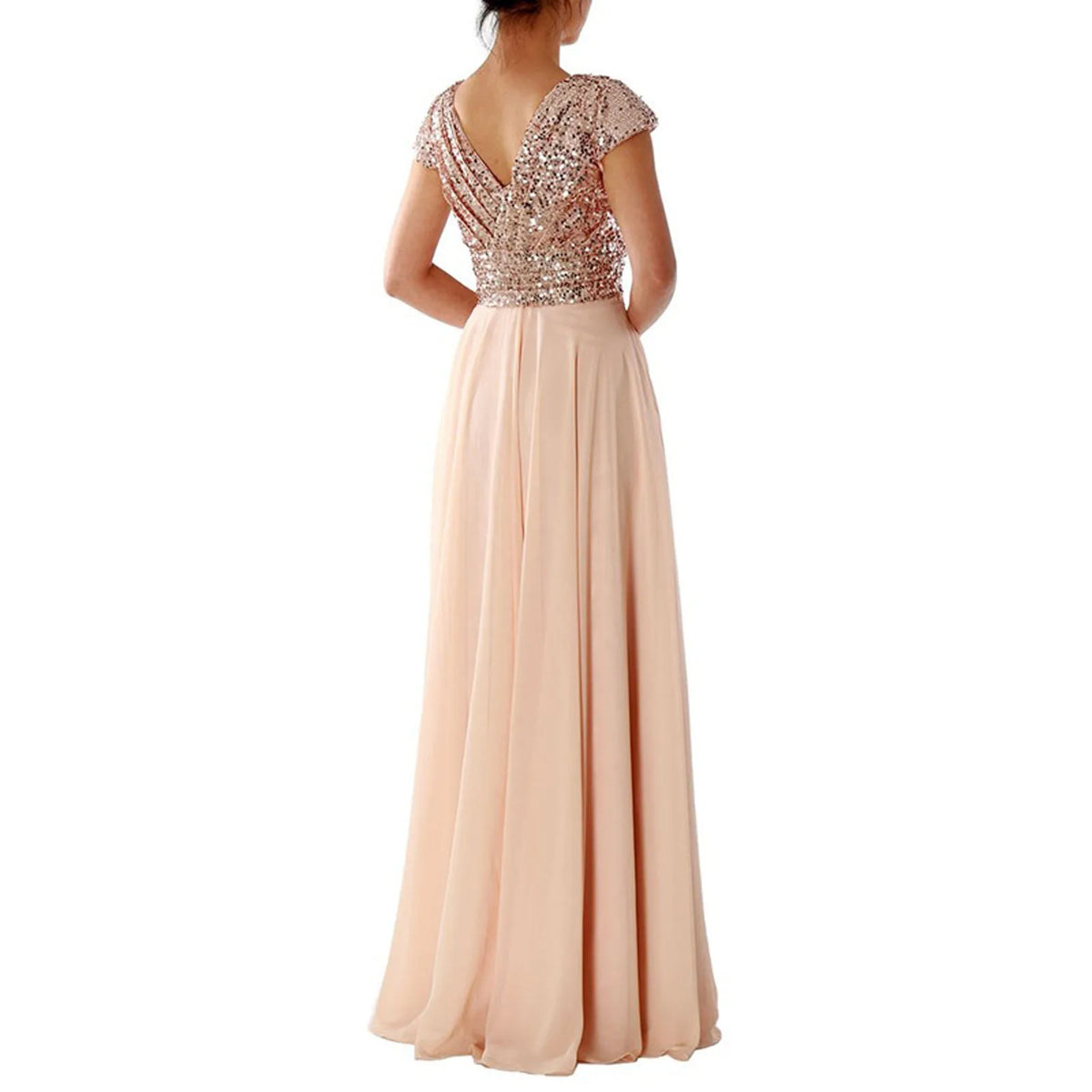 Sequin V-Neck Cap Sleeve Chiffon A-Line Maxi Gown - View 5