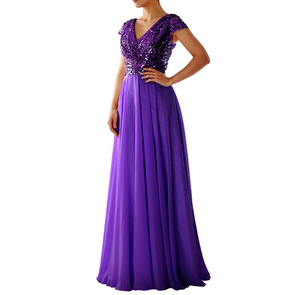 Sequin V-Neck Cap Sleeve Chiffon A-Line Maxi Gown - View 8