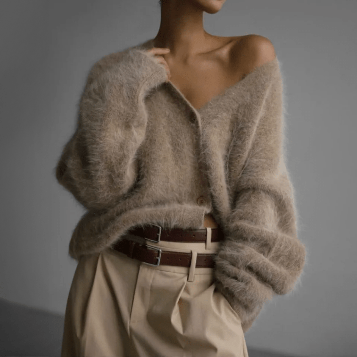Fuzzy Knit V-Neck Button Front Cardigan 2