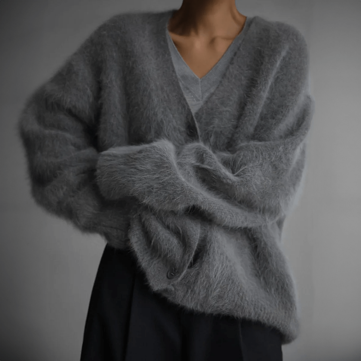 Fuzzy Knit V-Neck Button Front Cardigan 10