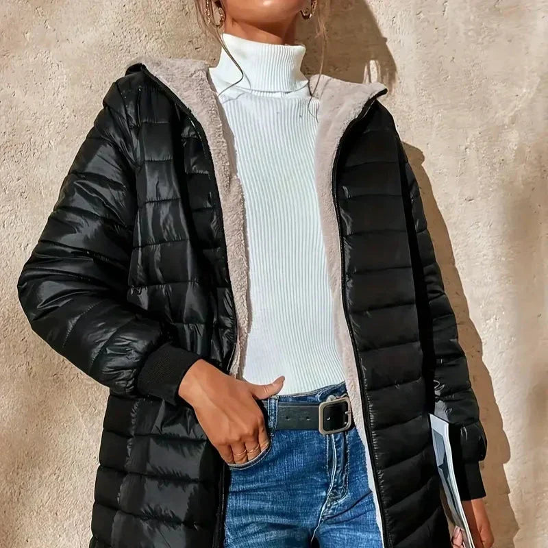 Hooded Fleece Lined Zip Front Quilted Puffer Jacket 3
