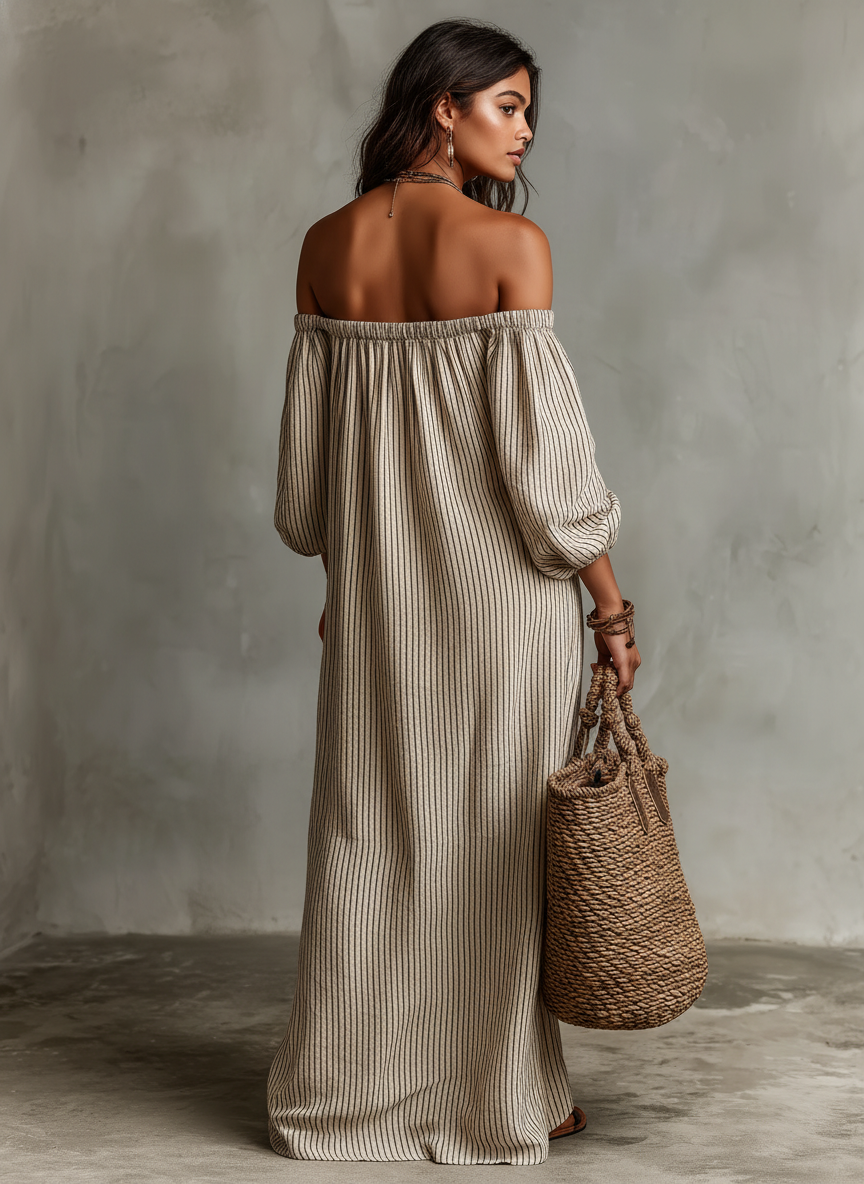 Striped Off Shoulder Puff Sleeve Maxi Dress 6