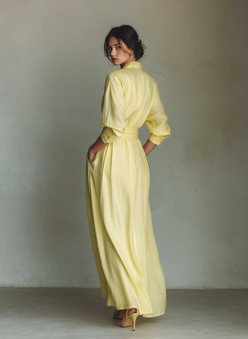 Collared Deep V-Neck Tie Waist Flowy Maxi Shirt Dress 6