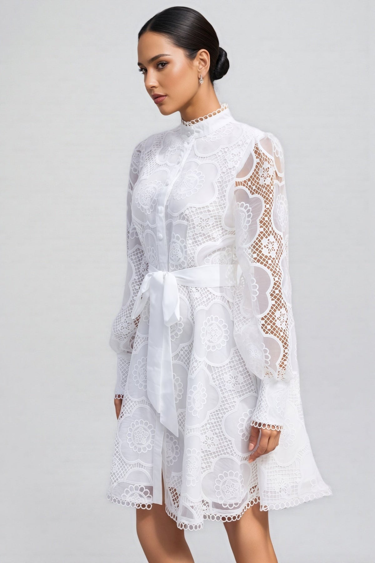 Floral Lace High Neck Lantern Sleeve A-Line Mini Dress - View 4
