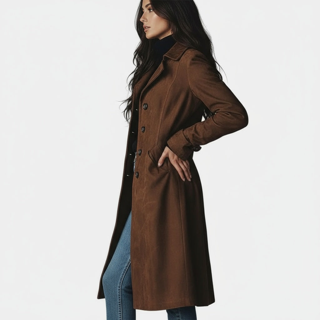Suede Look Notch Lapel Button Front Longline Coat 2