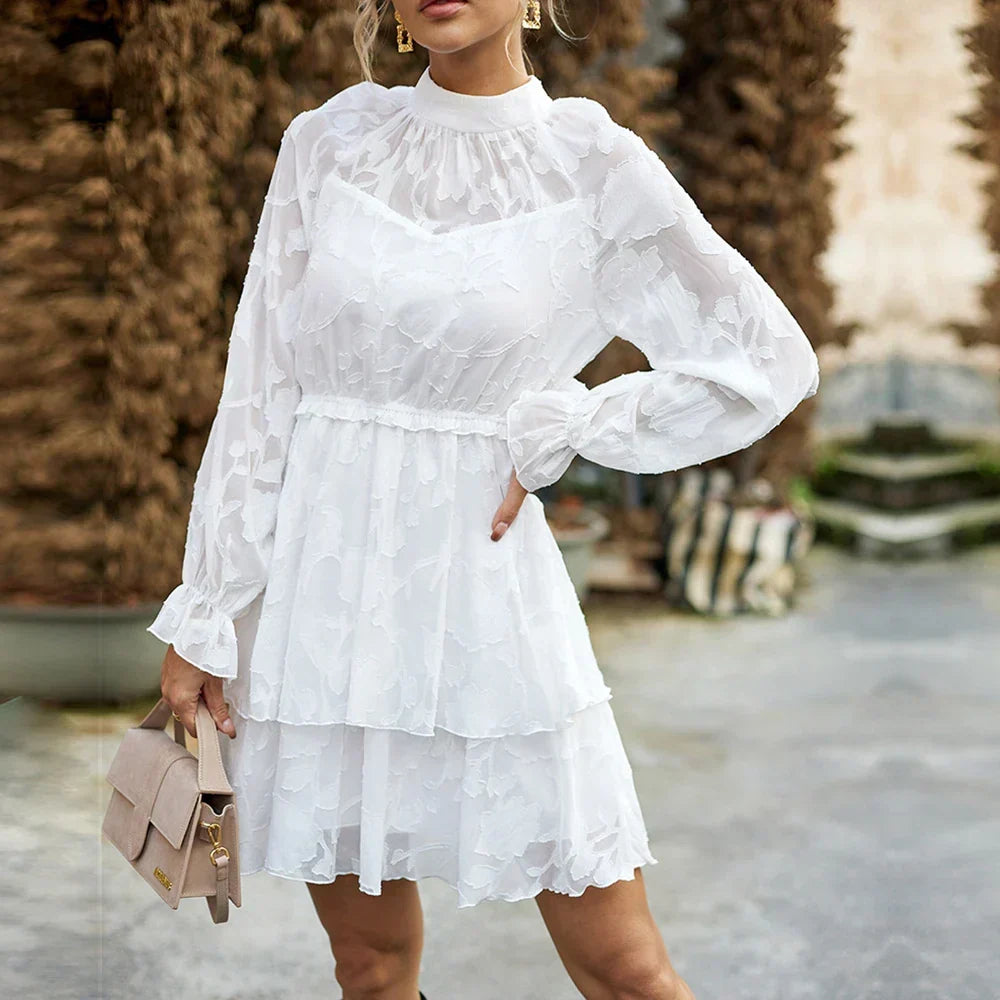 Jacquard Floral High Neck Sheer Ruffle Cuff Mini Dress - View 2