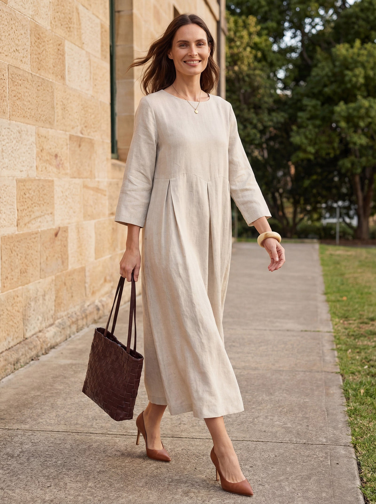 Pleated Round Neck Pocket A-Line Maxi Dress 2