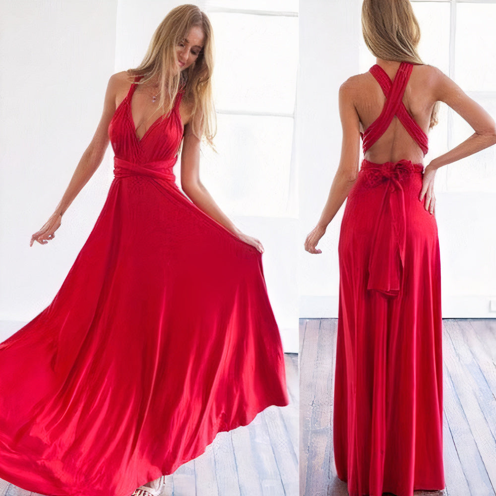 Convertible Wrap Halter Neck Backless Tie Back High Split Maxi Gown - View 3