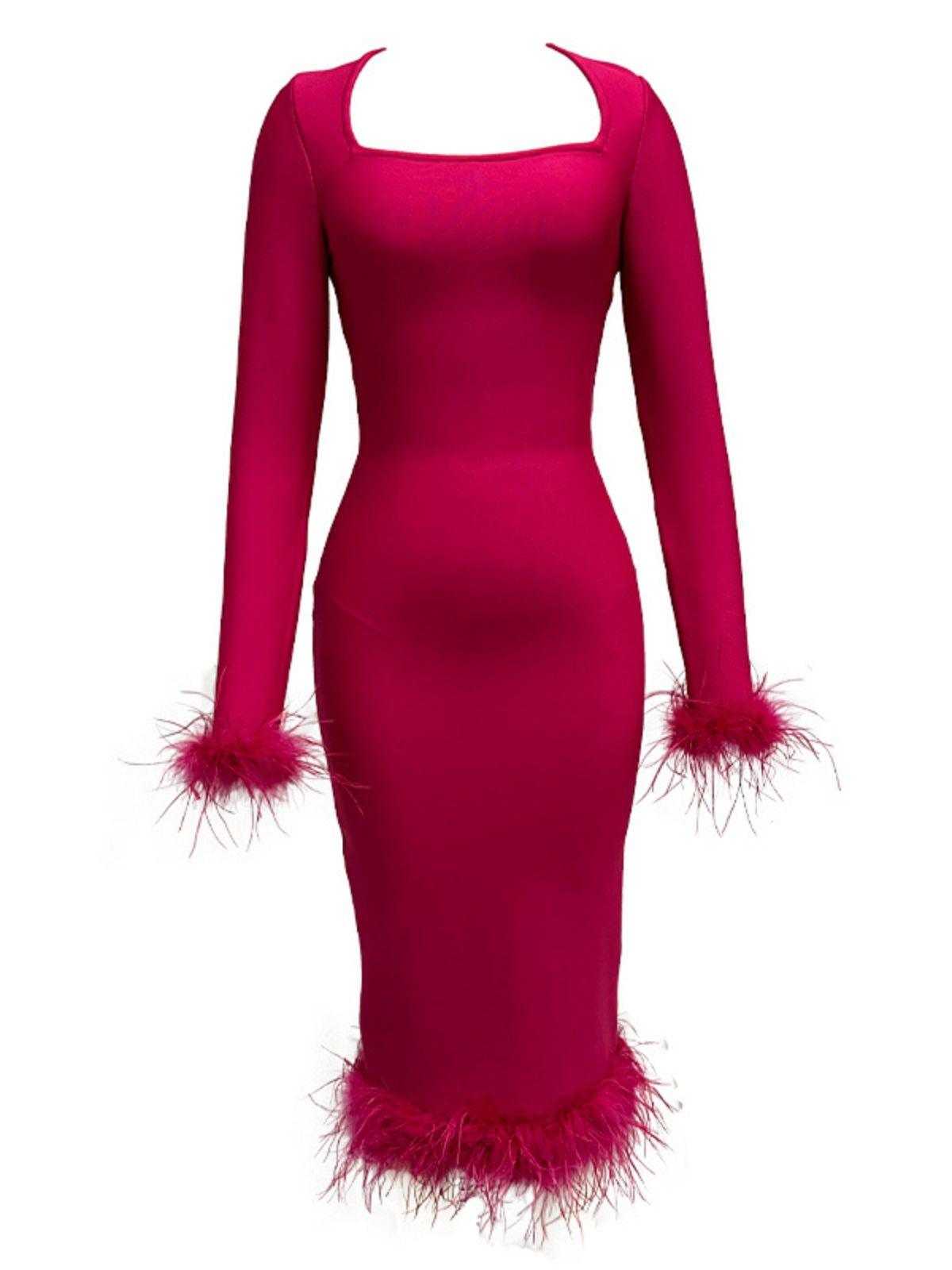 Square Neck Long Sleeve Feather Trim Bandage Bodycon Midi Dress - View 6